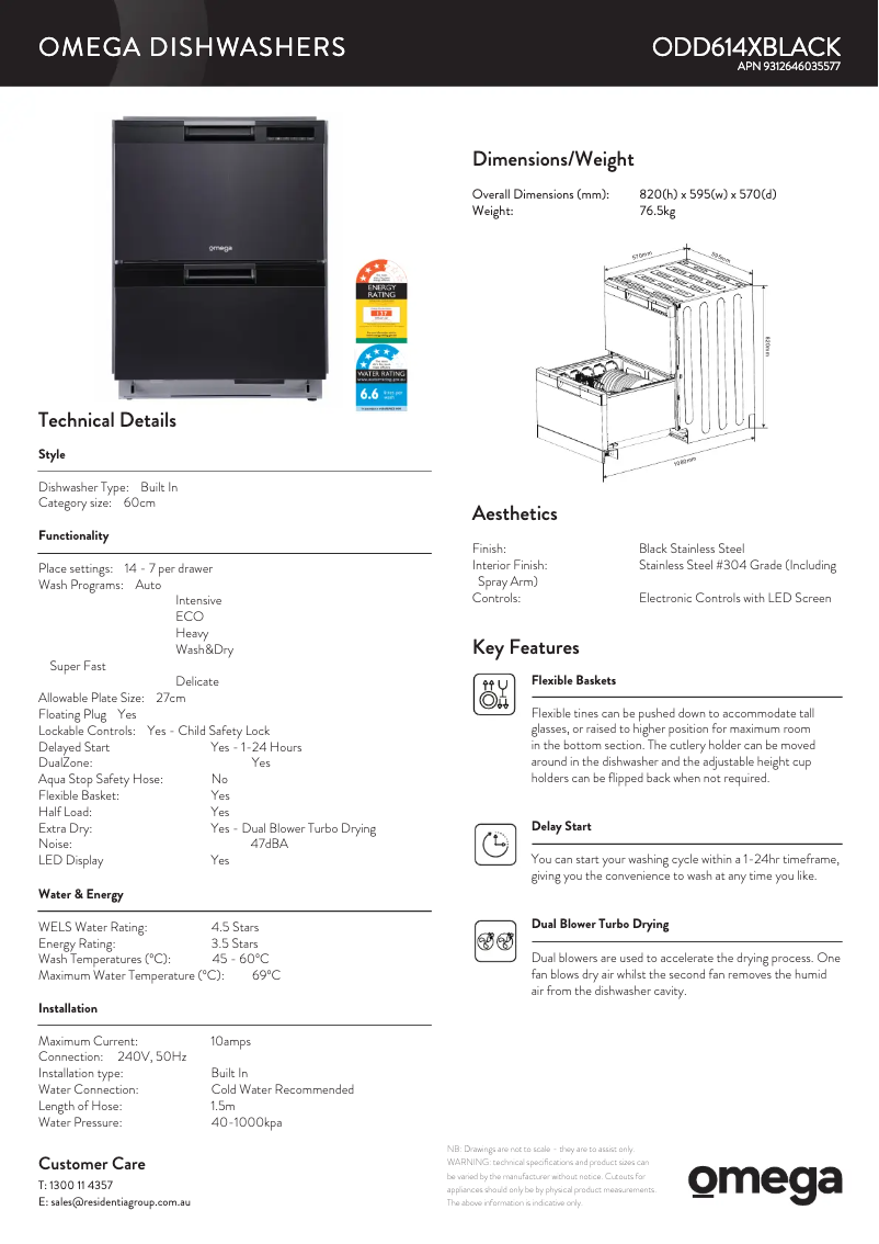 Page 1 de la notice Fiche technique Omega ODD614XBLACK