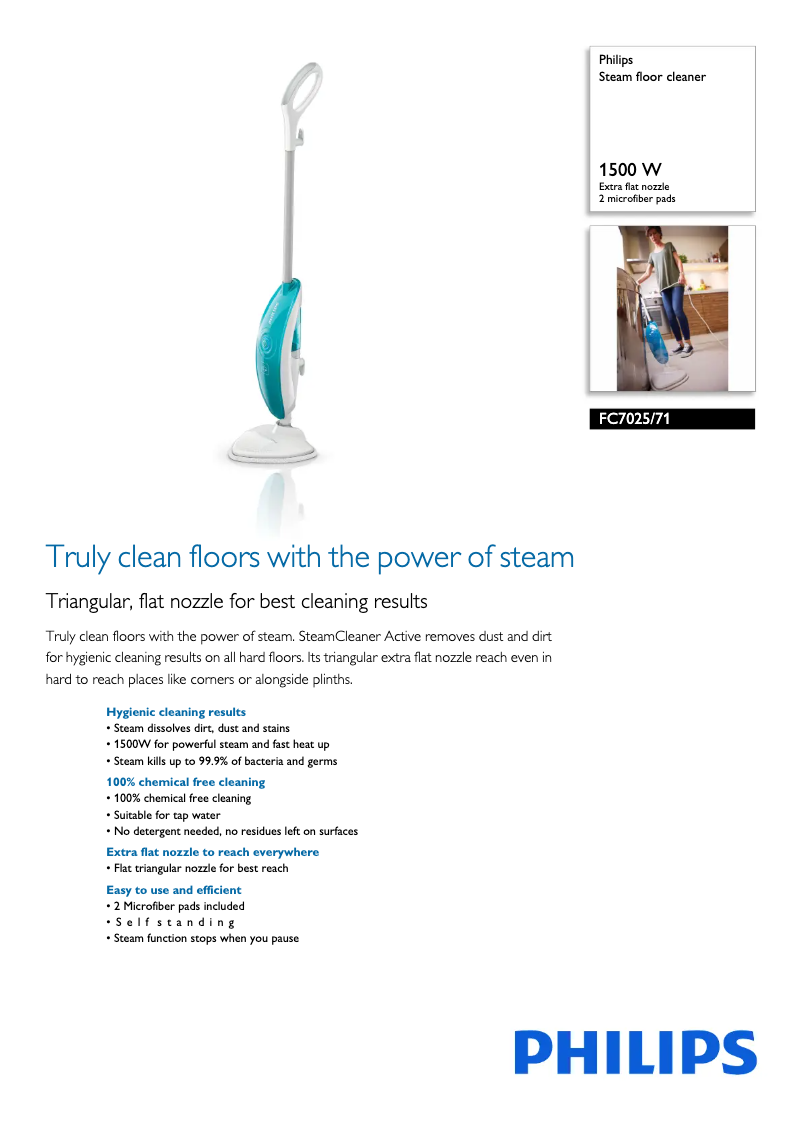 Page 1 de la notice Fiche technique Philips SteamCleaner Active FC7025