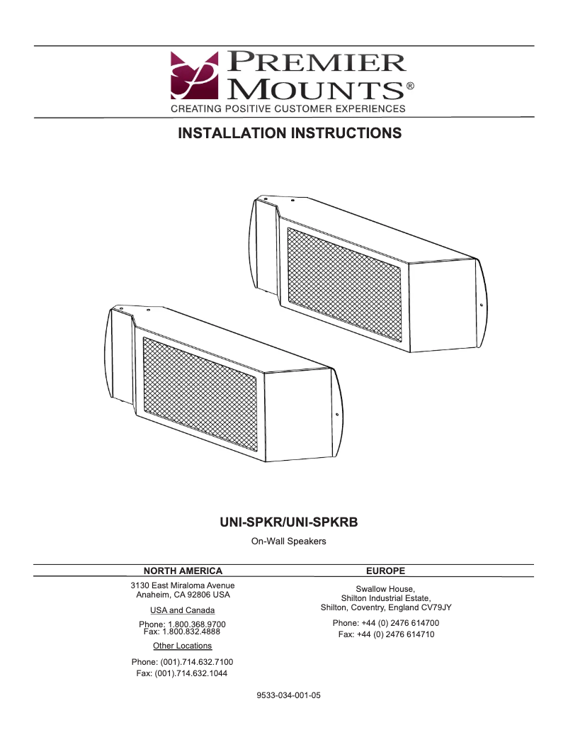 Page n°1 - Manuel utilisateur Premier Mounts UNI-SPKR