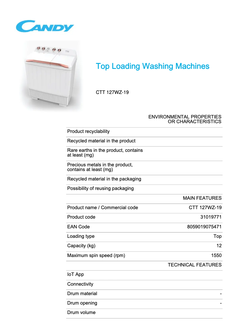 Page 1 de la notice Fiche technique Candy CTT 127WZ-19