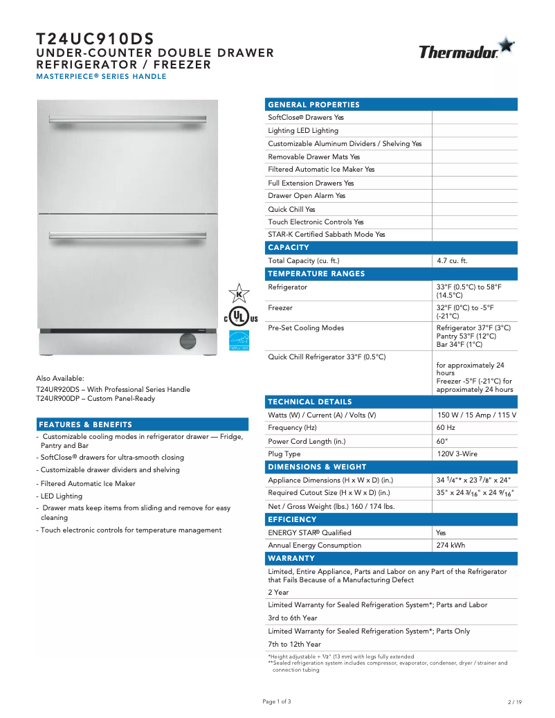 Page n°1 - Fiche technique Thermador T24UC910DS