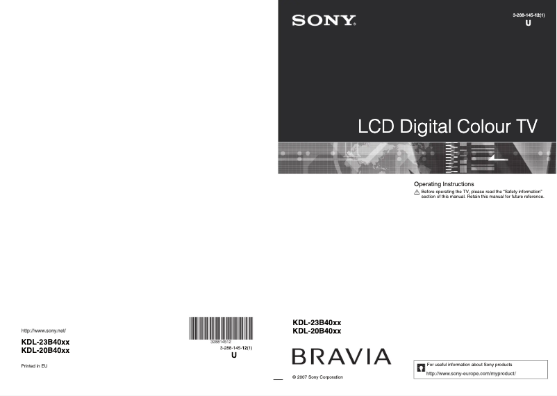 Image de la première page du manuel de l'appareil Bravia KDL-20B4030E