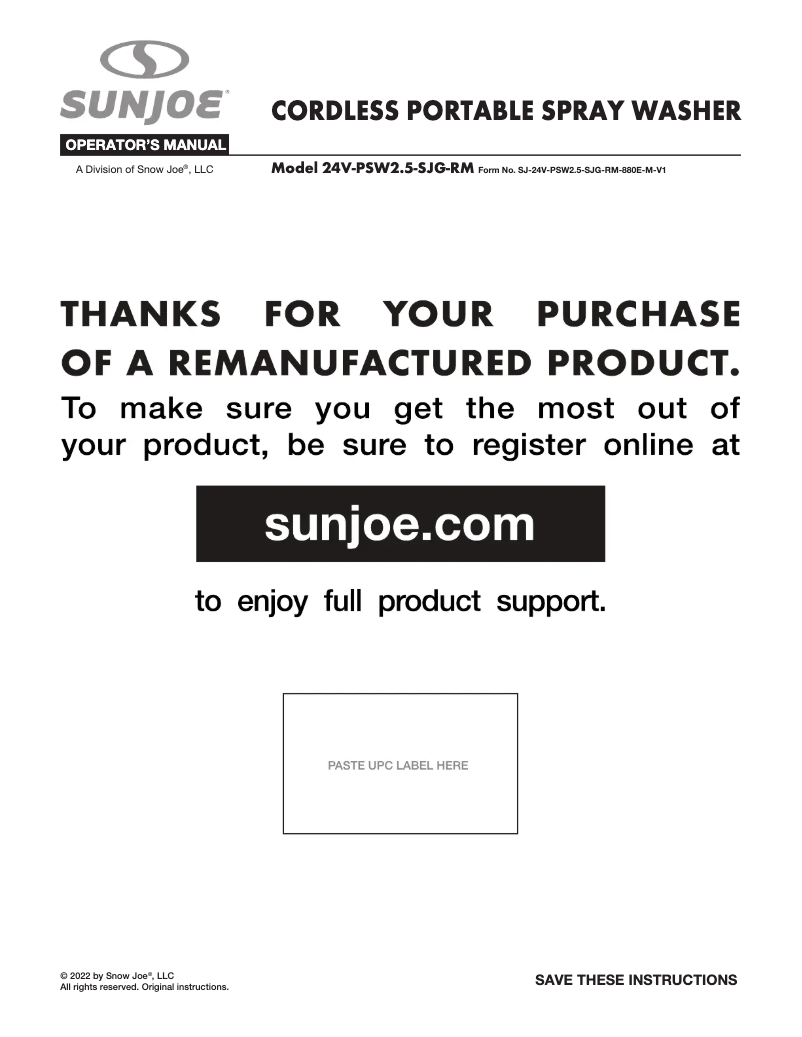 Page n°1 - Manuel utilisateur Sun Joe 24V-PSW2.5-SJG-RM