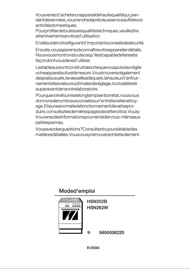 Page 1 de la notice Manuel utilisateur Bosch HSN262W