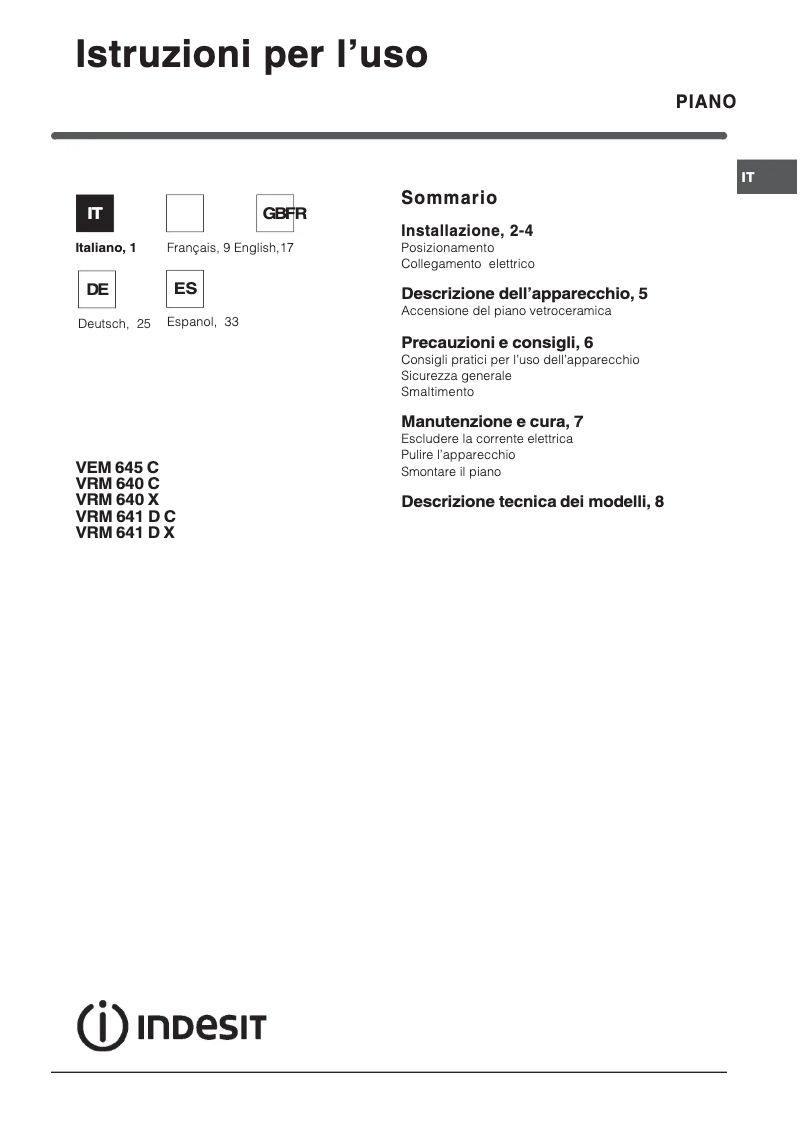 Page 1 de la notice Manuel utilisateur Indesit VRM 640 X