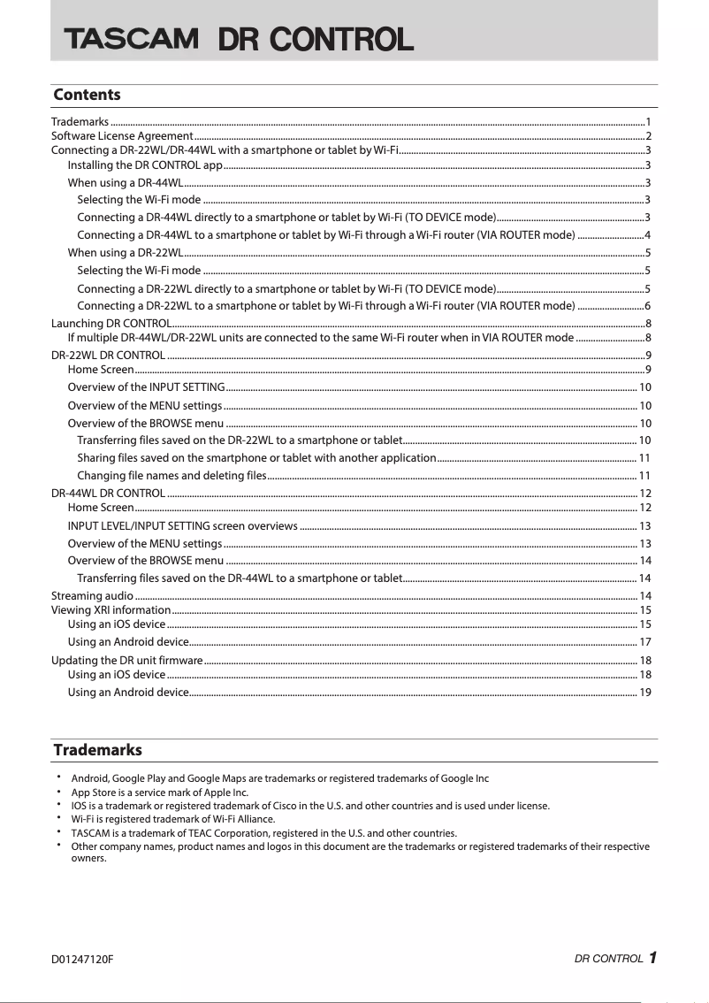 Page n°1 - Manuel utilisateur Tascam DR Control