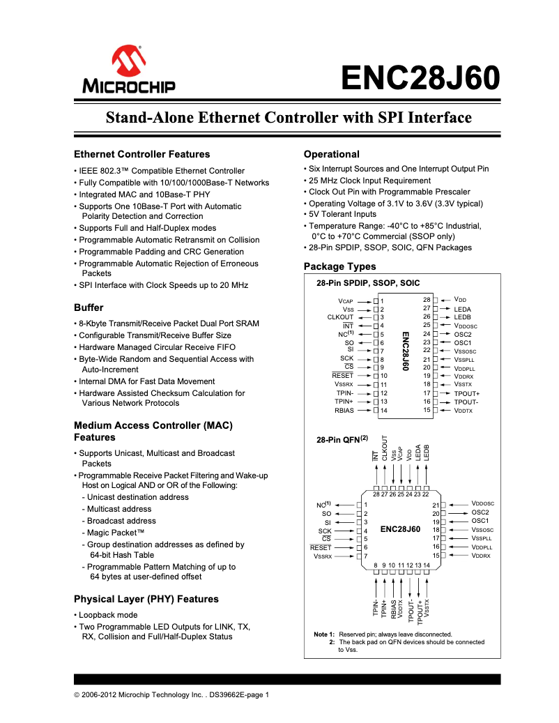 Page 1 de la notice Fiche technique Microchip ENC28J60