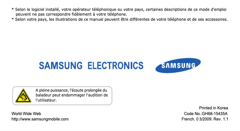 Page 1 de la notice Manuel utilisateur Samsung SGH-E950