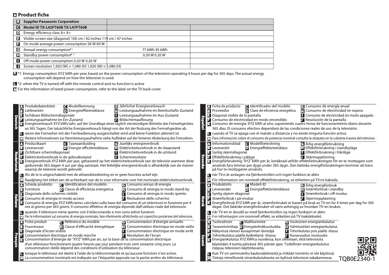 Page 1 de la notice Fiche technique Panasonic Viera TX-L42FT60