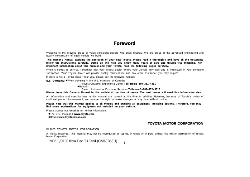 Page 1 de la notice Manuel utilisateur Toyota Land Cruiser (2006)