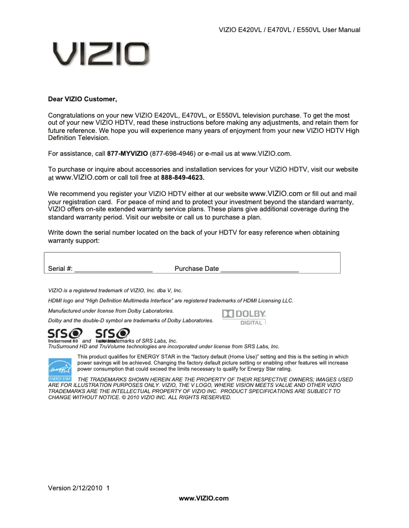 Page 1 de la notice Manuel utilisateur VIZIO E550VL