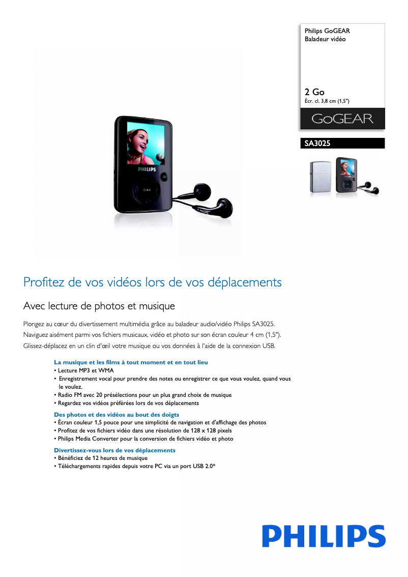 Página 1 del manual Ficha técnica Philips GoGear SA3025