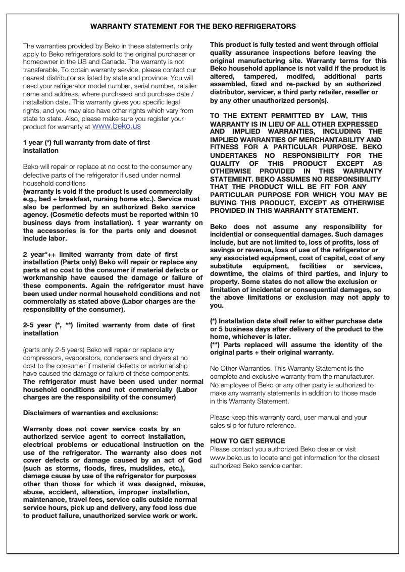 Page 1 de la notice Informations de garantie Beko BFBF3018SSL