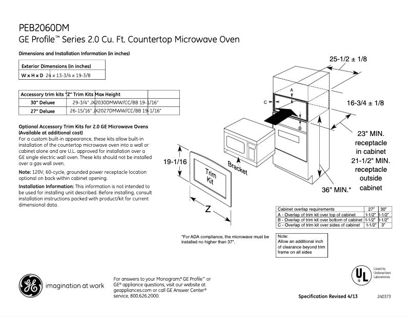 Página 1 del manual Ficha técnica GE PEB2060DMWW