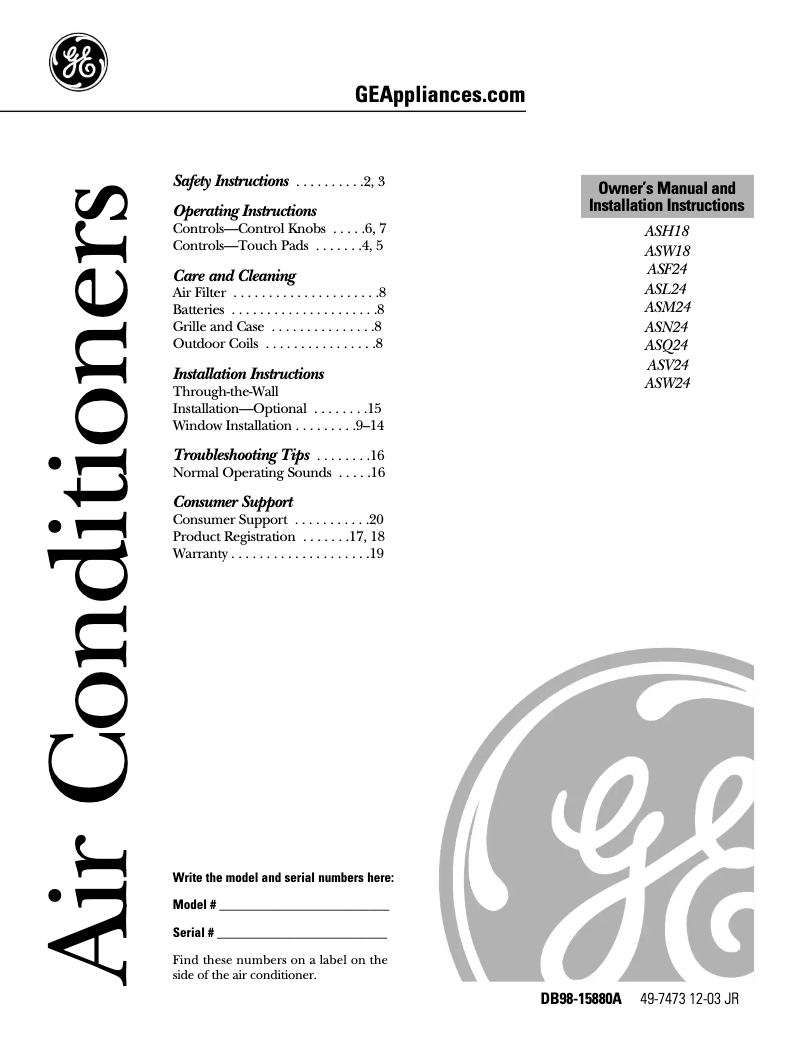 Page 1 de la notice Manuel utilisateur GE ASW24DA