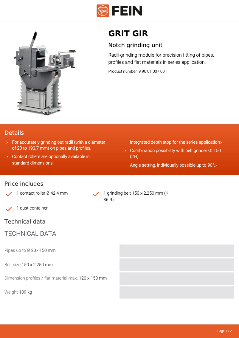 Page 1 de la notice Fiche technique Fein GRIT GIR