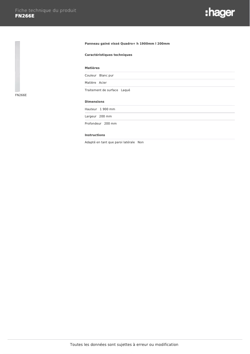 Page 1 de la notice Fiche technique Hager FN266E