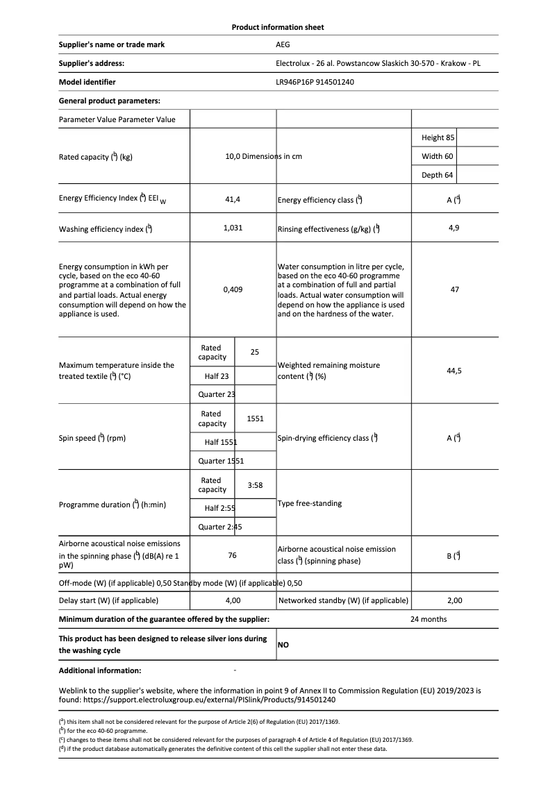 Página 1 del manual Ficha técnica AEG LR946P16P