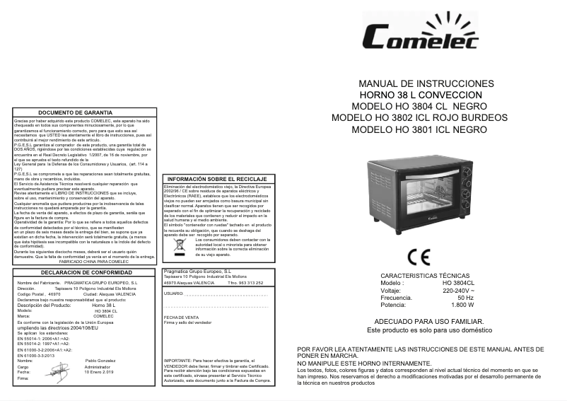 Page n°1 - Manuel utilisateur Comelec HO 3804 CL