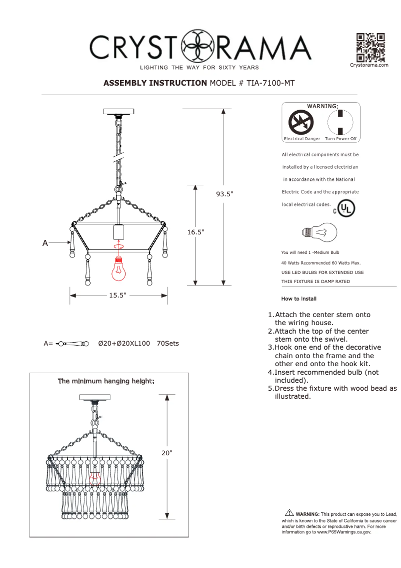 Page n°1 - Manuel utilisateur Crystorama Tiana TIA-7100-MT