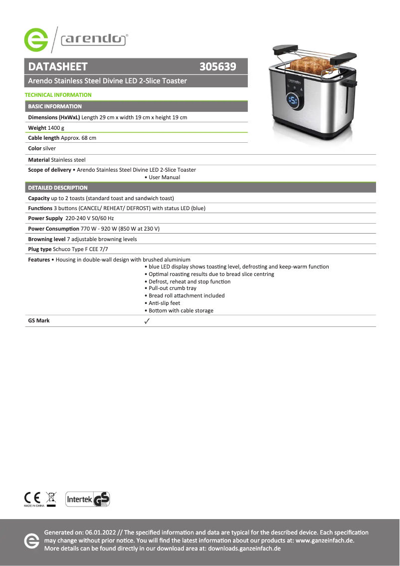 Page 1 de la notice Fiche technique Arendo Divine 305639