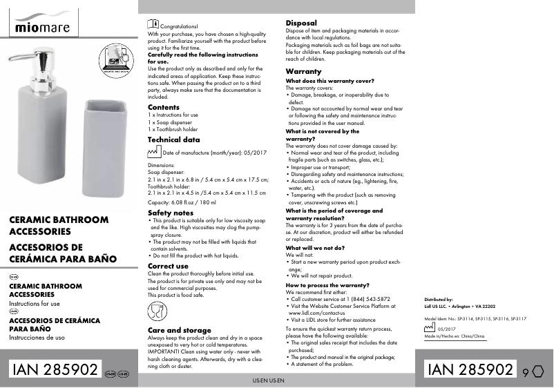 Page 1 de la notice Manuel utilisateur Miomare IAN 285902