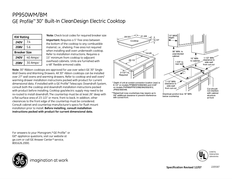 Page 1 of the manual Technical Sheet GE Profile PP950WMWW
