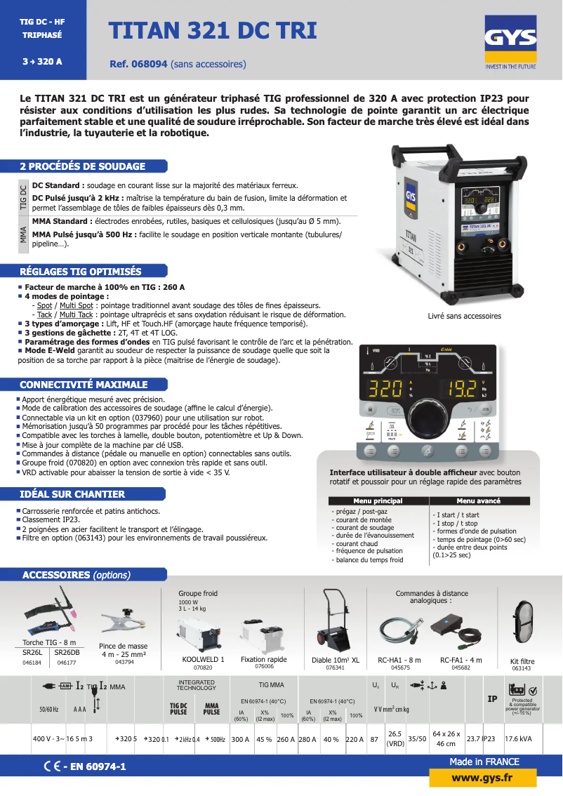 Page 1 de la notice Fiche technique GYS TITAN 321 DC TRI