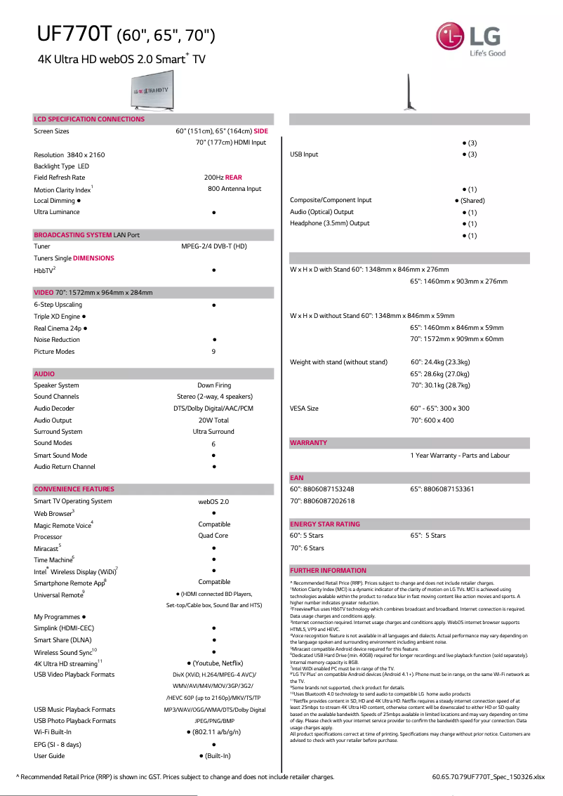 Page 1 de la notice Fiche technique LG 70UF770T