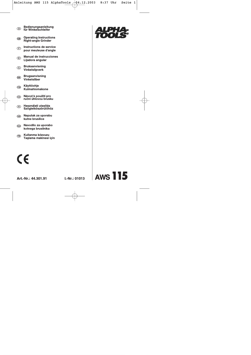 Page 1 de la notice Manuel utilisateur Alpha Tools AWS 115