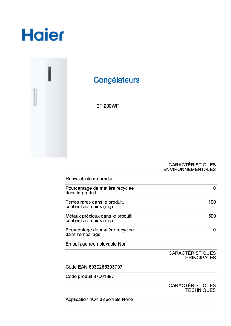 Page n°1 - Label énergétique Haier H3F-280WF