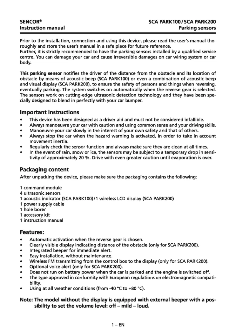 Page 1 de la notice Manuel utilisateur Sencor SCA PARK200