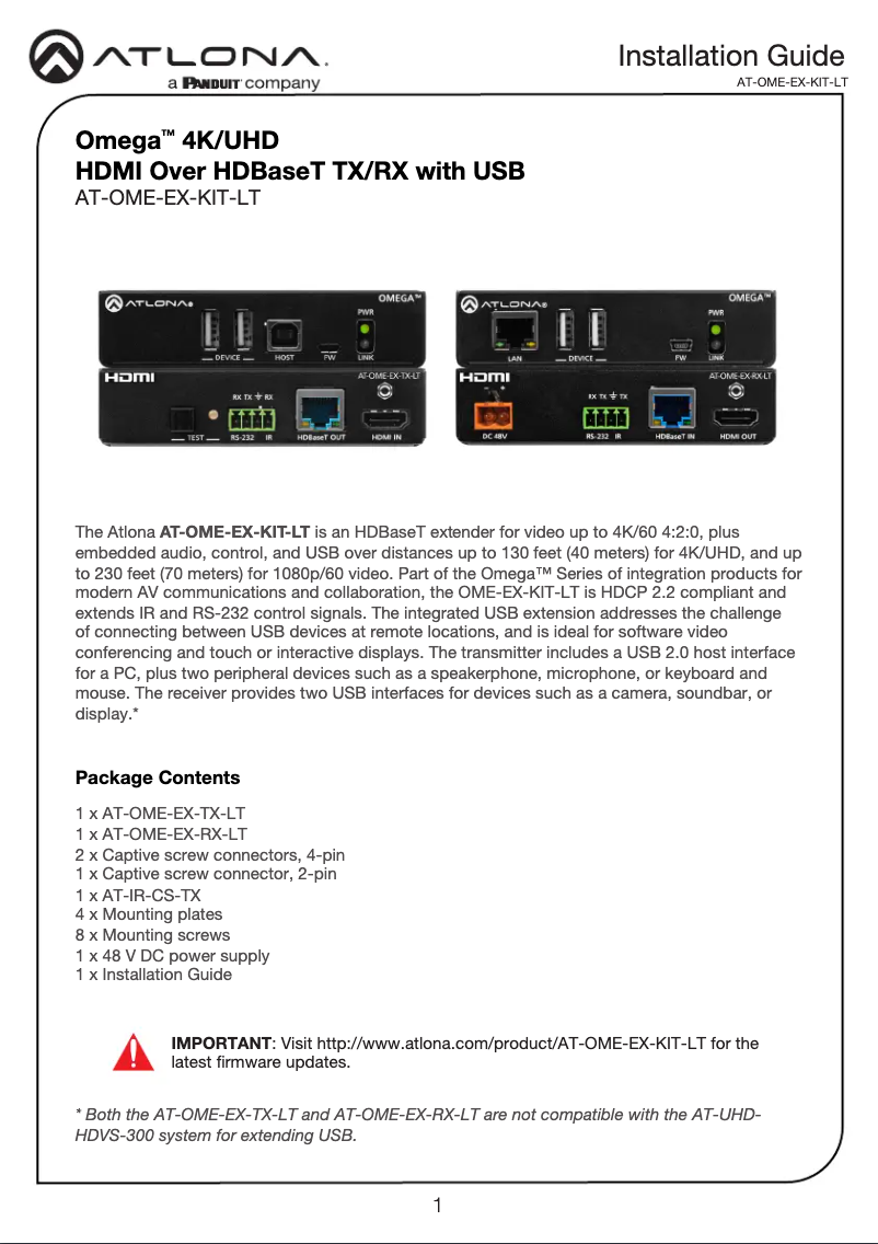 Page 1 de la notice Manuel utilisateur Atlona AT-OME-EX-KIT-LT