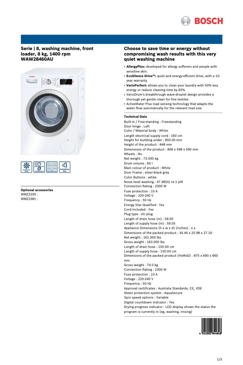 Page 1 de la notice Fiche technique Bosch WAW28460AU