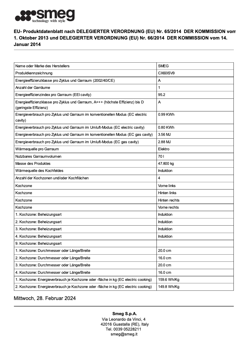 Page 1 de la notice Fiche technique Smeg CX60ISV9