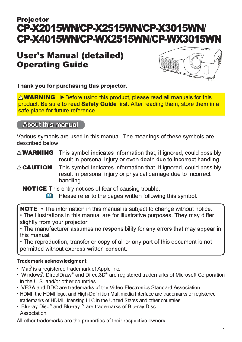Page 1 de la notice Manuel utilisateur Hitachi CP-X2515WNEF
