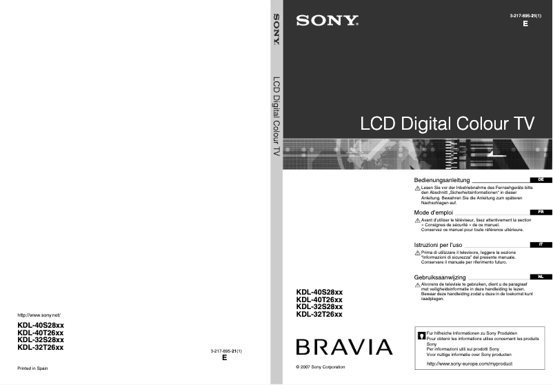 Page 1 de la notice Manuel utilisateur Sony Bravia KDL-40S2800