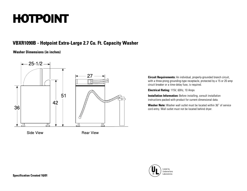 Page 1 de la notice Fiche technique Hotpoint VBXR1090BCC