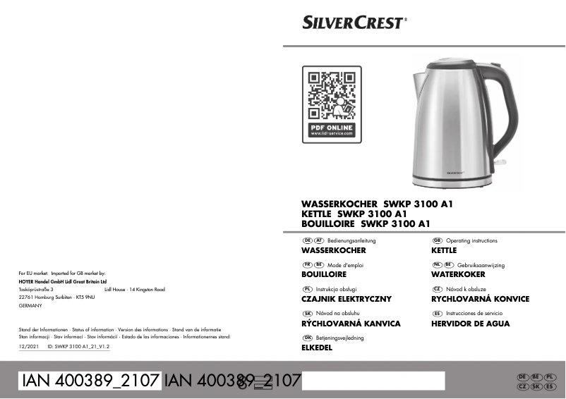Page n°1 - Manuel utilisateur SilverCrest SWKP 3100 A1
