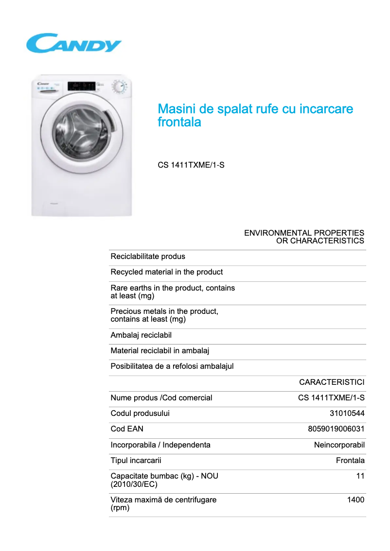 Page 1 de la notice Fiche technique Candy CS 1411TXME/1-S