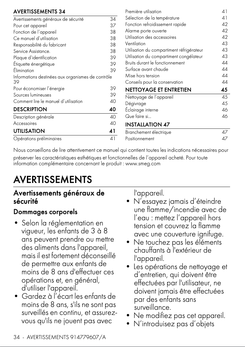 Page 1 de la notice Manuel utilisateur Smeg FAB28RDTC5