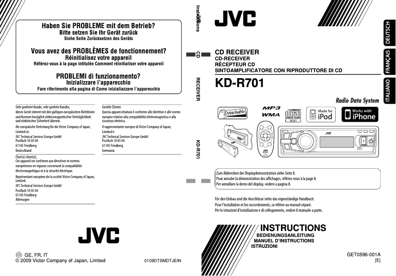 Page 1 de la notice Manuel utilisateur JVC KD-R701