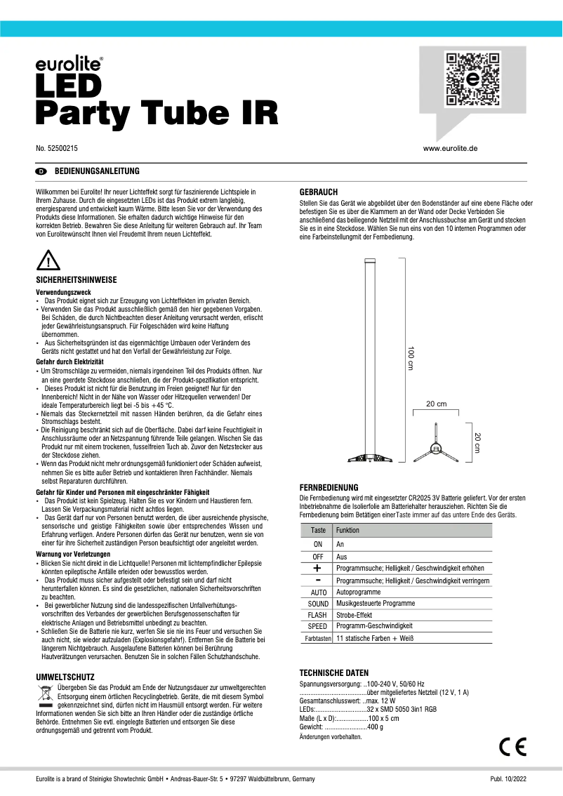 Page 1 de la notice Manuel utilisateur Eurolite LED Party Tube IR