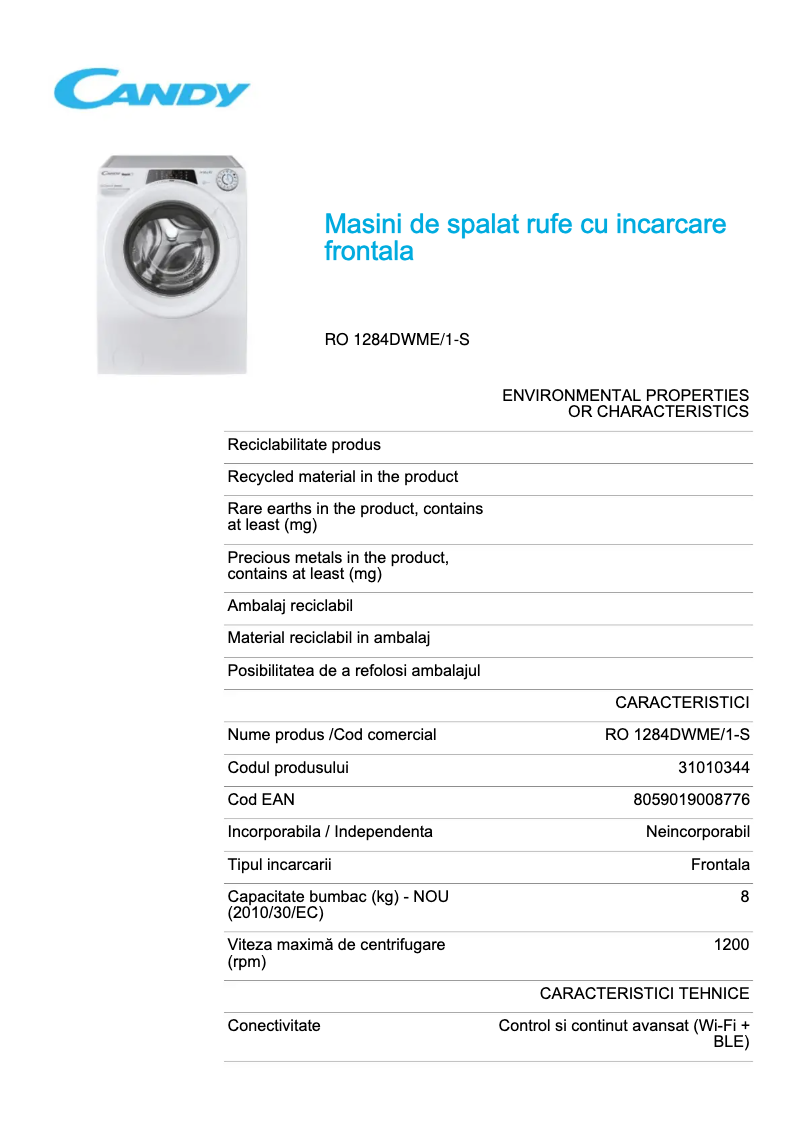 Page 1 de la notice Fiche technique Candy RO 1284DWME/1-S