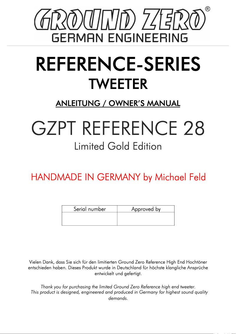 First page image of the manual for GZPT Reference 28 Gold Edition