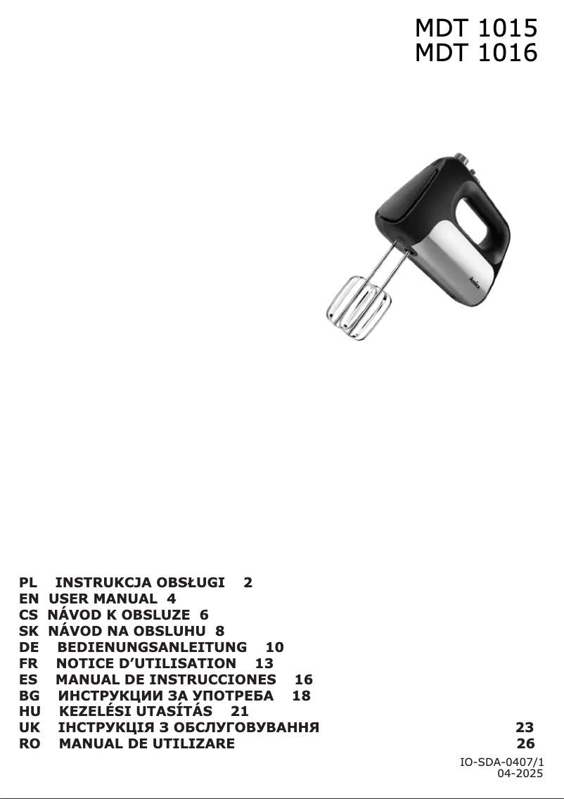 Page n°1 - Manuel utilisateur Amica MDT 1015