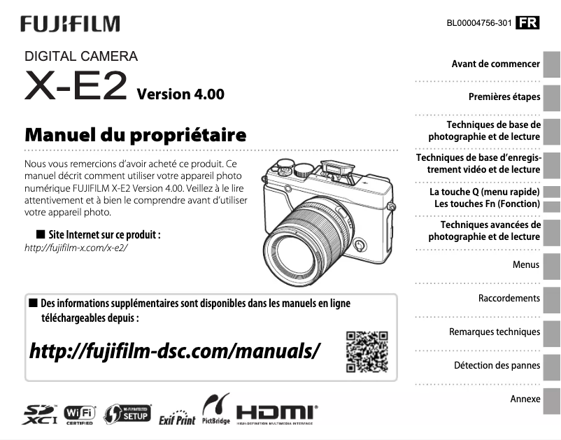 Page 1 de la notice Manuel utilisateur Fujifilm X-E2