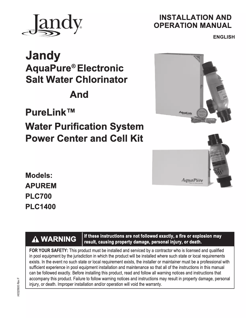 Page 1 de la notice Manuel utilisateur JANDY AquaPure PLC1400
