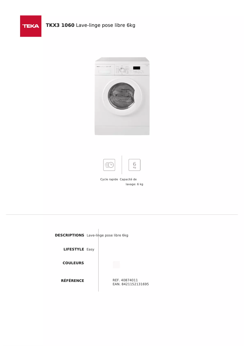 Page 1 de la notice Fiche technique Teka TKX3 1060