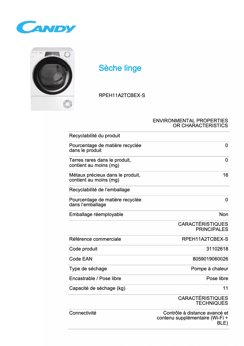 Page 1 de la notice Fiche technique Candy RPEH11A2TCBEX-S